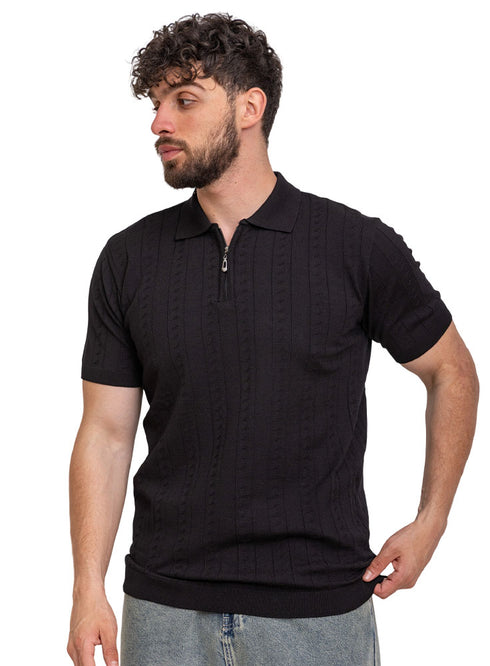 Black Design 01022Knit Polo Neck Zipper-T-Shirt